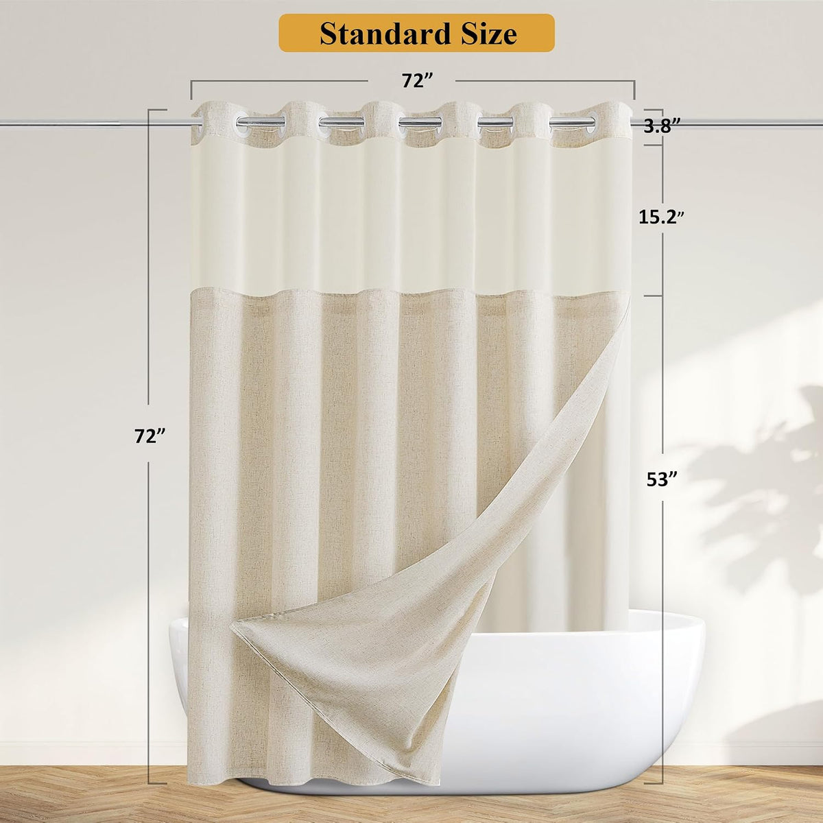 Jowels No Hooks Natural Linen Fabric Shower Curtains for Bathroom 72 Inches