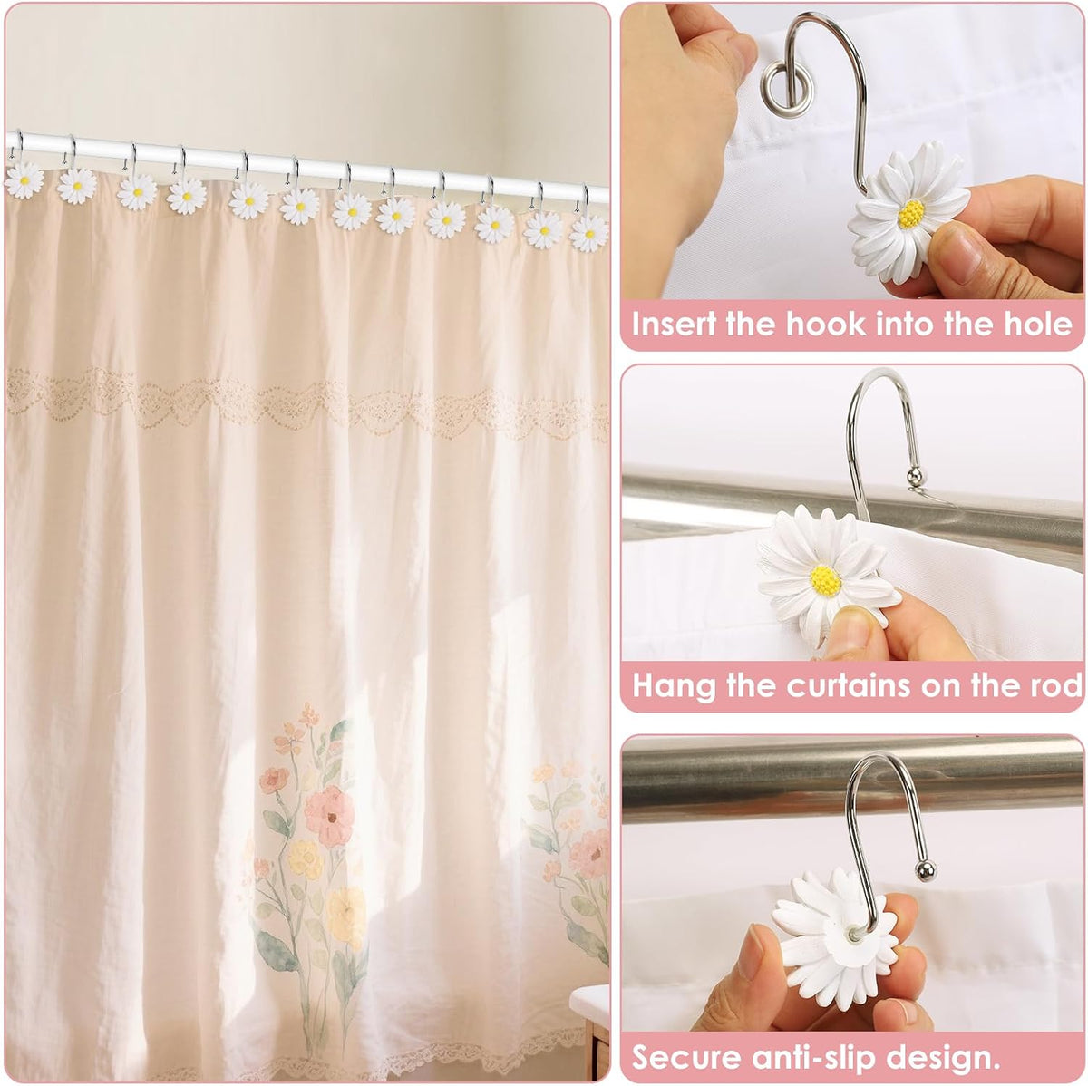 Flower Shower Curtain Hooks, 12 Pack Rustproof Stainless Steel Decorative, Bohemian Floral Bathroom Accessories for Curtain Rod and Shower Rod（White）