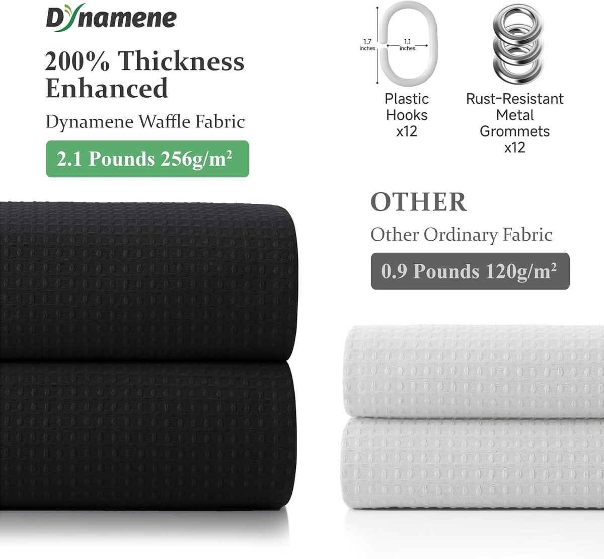 Dynamene Waffle Shower Curtain 256 GSM Heavy Duty Fabric 72"x72" Black