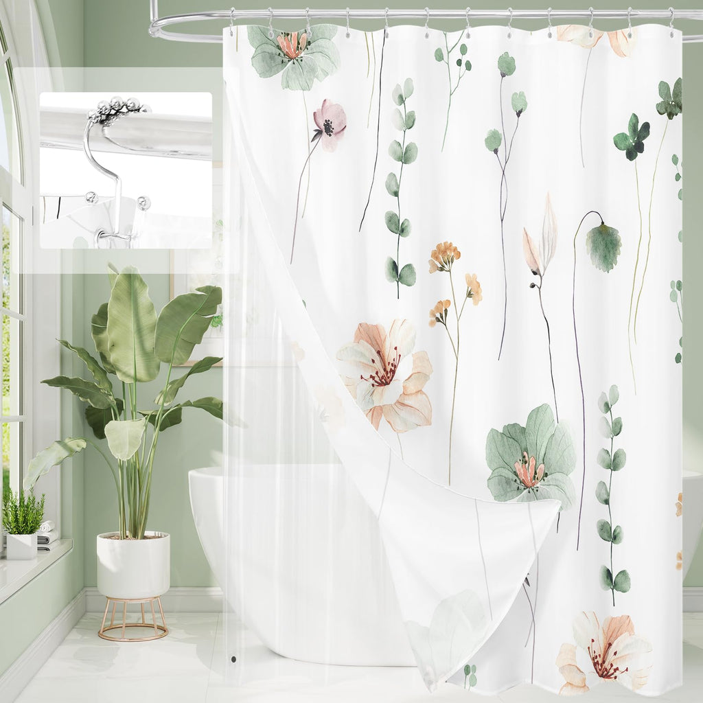 Gibelle 3 in 1 Sage Green Watercolor Floral Shower Curtain Liner Set, 72x72