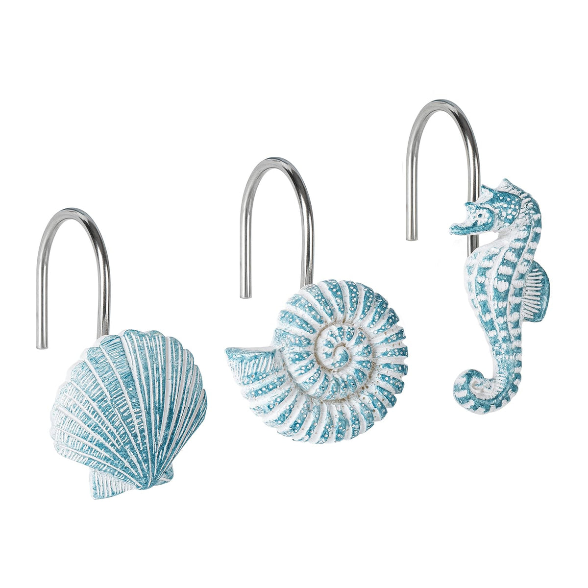 Sunlit Seashells Decorative Shower Curtain Hooks, Aqua Blue Ocean Creatures Coastal Shower Curtain Rings, Resin, Nautical Bathroom Decoration Beach Hooks-12 Pack
