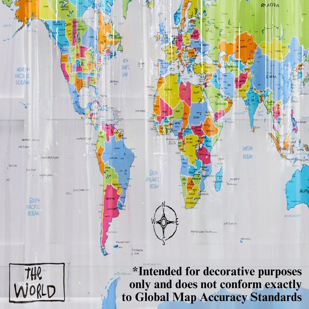 SKL Home The World Map Waterproof PEVA Shower Curtain, Clear/Multi