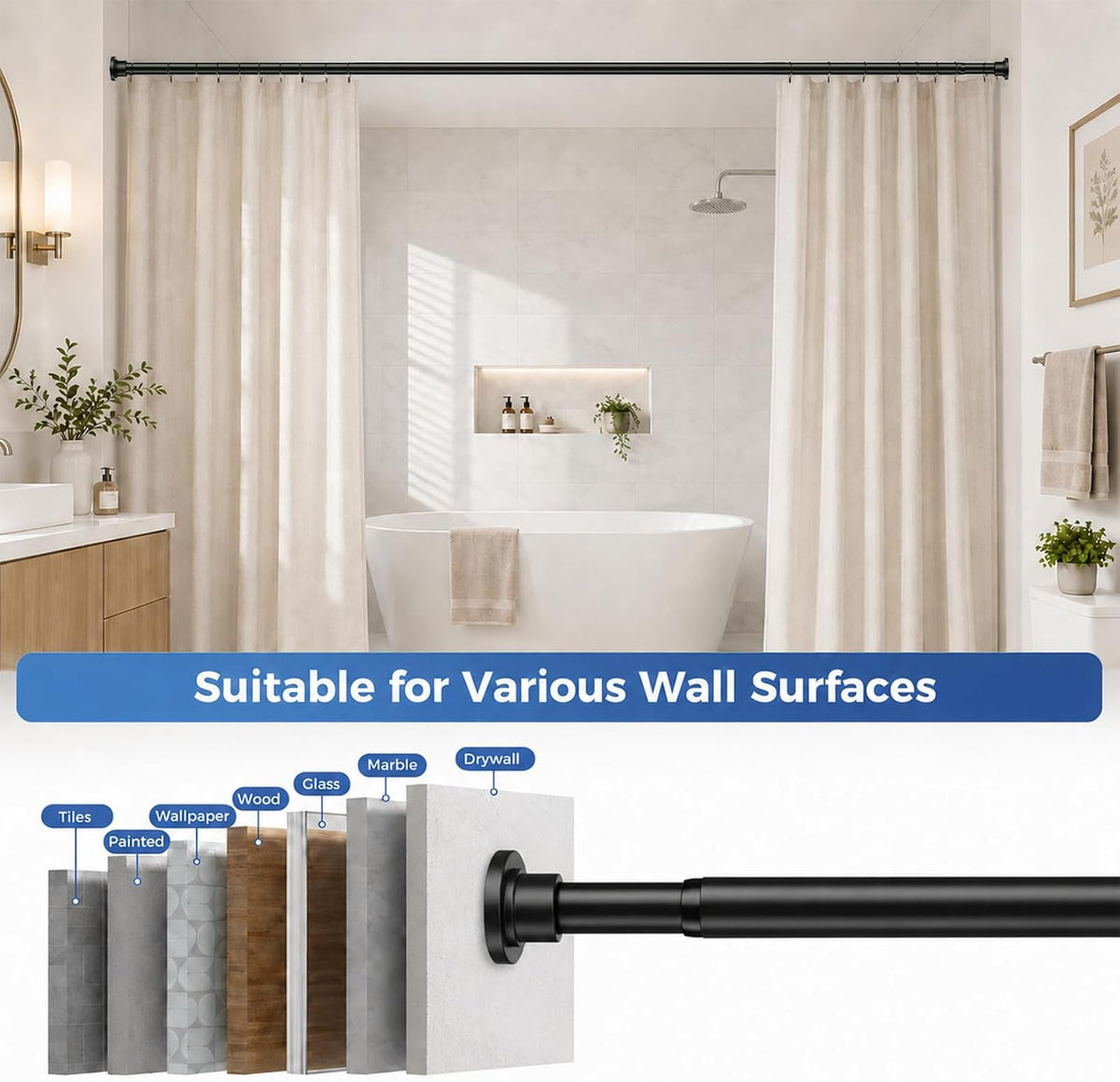 ALLZONE Heavy Duty Tension Shower Curtain Rod, 42–83 in., Stay-in-Place