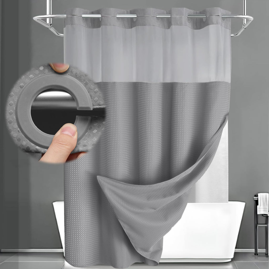 No Hook Shower Curtain with Liner Set Hotel Waffle Curtain White 72W X 75L