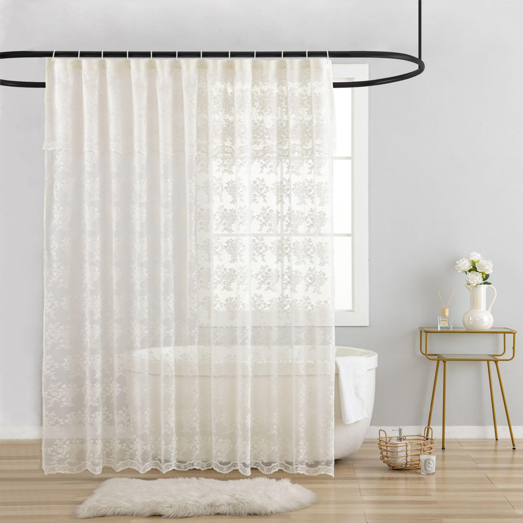 TUDECO Lace Brown Shower Curtain with Attached Valance, 72 x 72 Inch