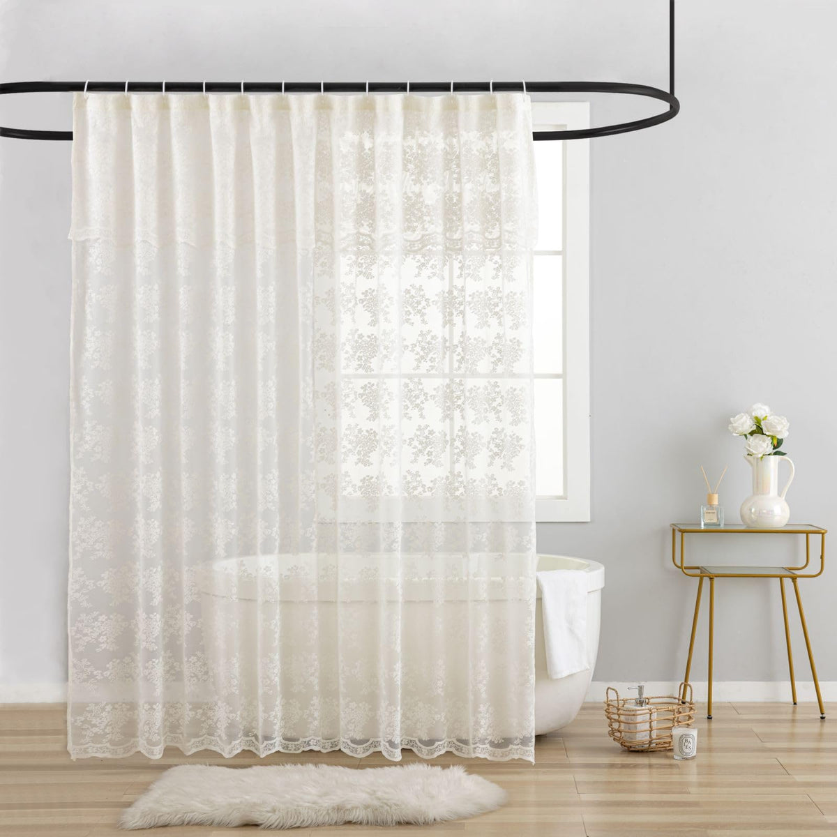 TUDECO Lace Brown Shower Curtain with Attached Valance, 72 x 72 Inch