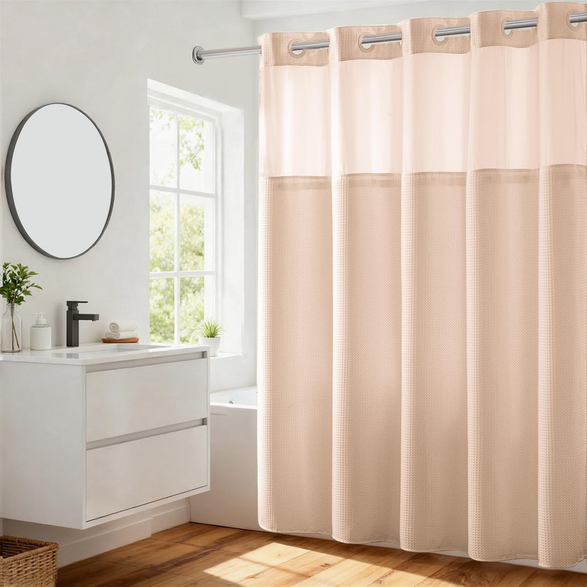River Dream Waffle No Hook Shower Curtain with Liner,Navy Blue,71x74