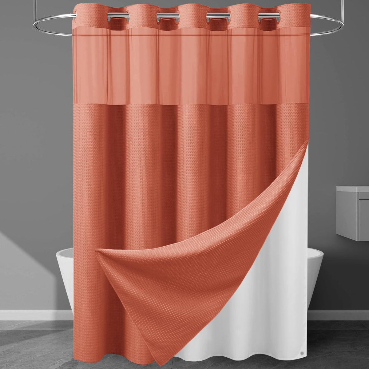 256GSM Heavyweight Ringless Waffle Shower Curtain with Liner, 71x74, White