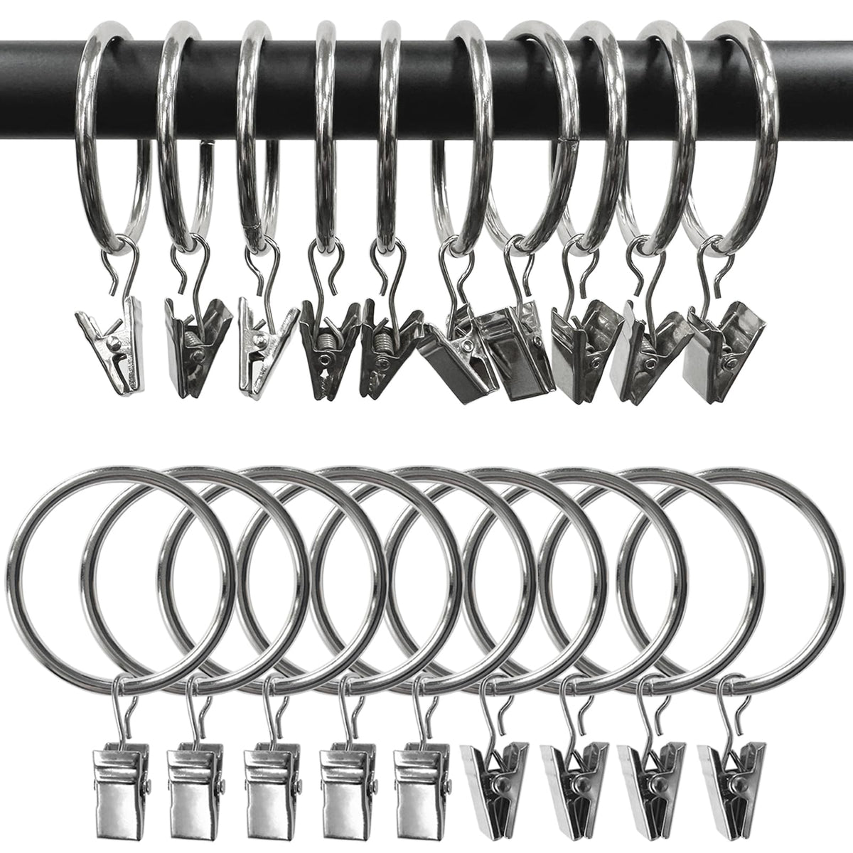 40 Pack Curtain Rings with Clips, Drapery Clips with Rings, Drapes Rings 1.26 in Interior Diameter, Fits up to 1 in Curtain Rod, Black