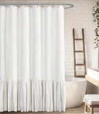 Farmhouse Shower Curtain Ruffle Linen Cream-Brown Stripe 72"W x 84"L