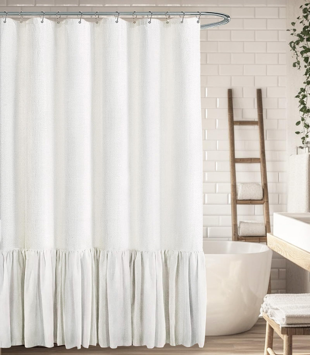Farmhouse Shower Curtain Ruffle Linen Cream-Brown Stripe 72"W x 84"L