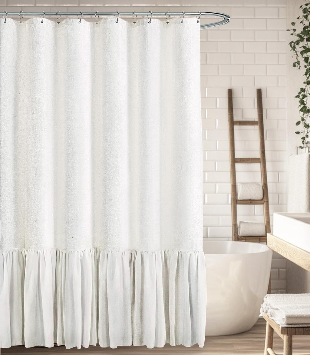 Farmhouse Shower Curtain Ruffle Linen Cream-Green Stripe 72"W x 72"L