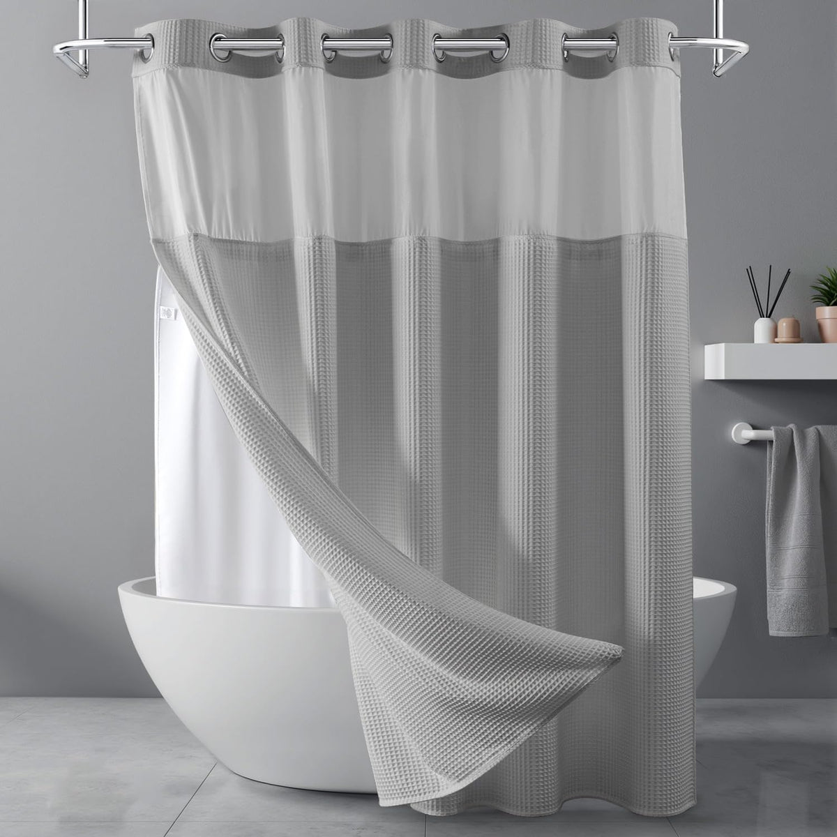 River Dream Cotton Blend Fabric Shower Curtain Set with Liner, White, 54x80