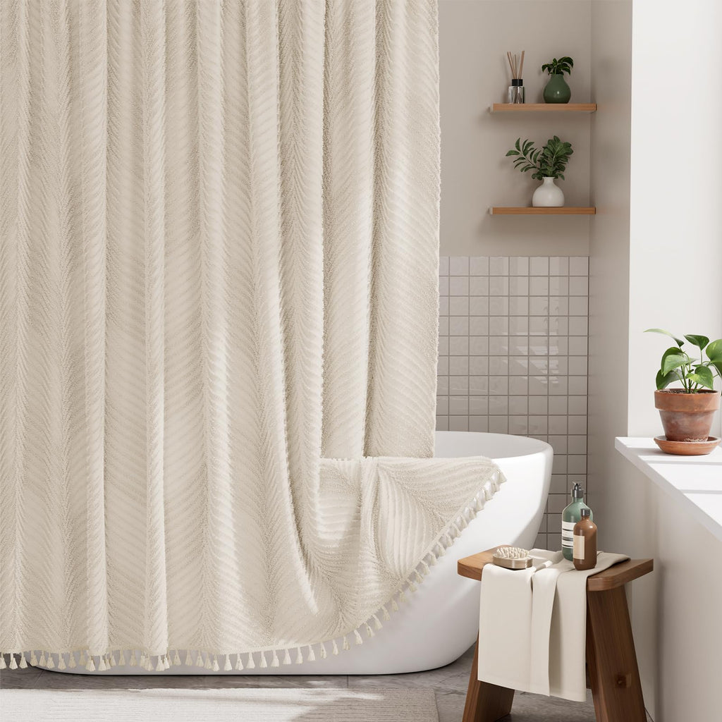 AmazerBath Boho Shower Curtain, Modern Farmhouse Shower Curtain Set with Tassels, Rustic Faux Linen Green Striped Shower Curtain with Hooks, Light Tan Toned, 72x72 Inches