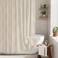 AmazerBath Boho Shower Curtain, Modern Farmhouse Shower Curtain Set with Tassels, Rustic Faux Linen Green Striped Shower Curtain with Hooks, Light Tan Toned, 72x72 Inches