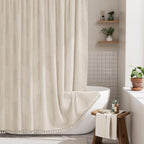 AmazerBath Boho Shower Curtain, Modern Farmhouse Shower Curtain Set with Tassels, Rustic Faux Linen Green Striped Shower Curtain with Hooks, Light Tan Toned, 72x72 Inches