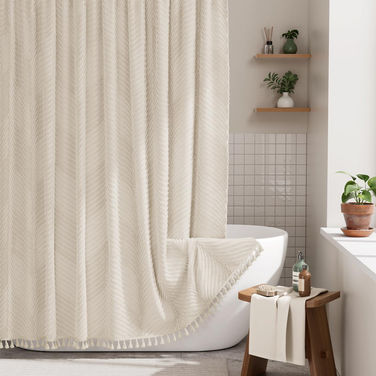 AmazerBath Boho Shower Curtain, Modern Farmhouse Shower Curtain Set with Tassels, Rustic Faux Linen Green Striped Shower Curtain with Hooks, Light Tan Toned, 72x72 Inches
