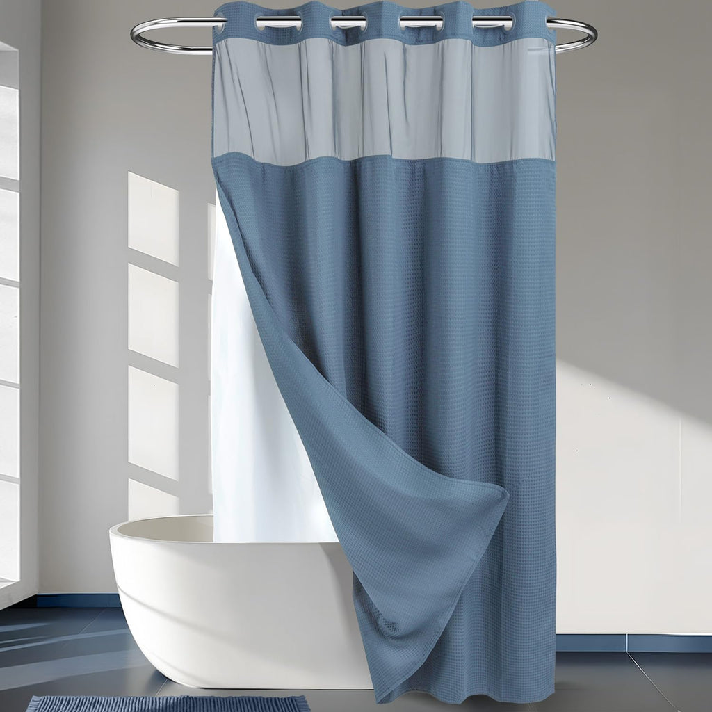River Dream Waffle No Hook Shower Curtain with Liner,Navy Blue,71x74