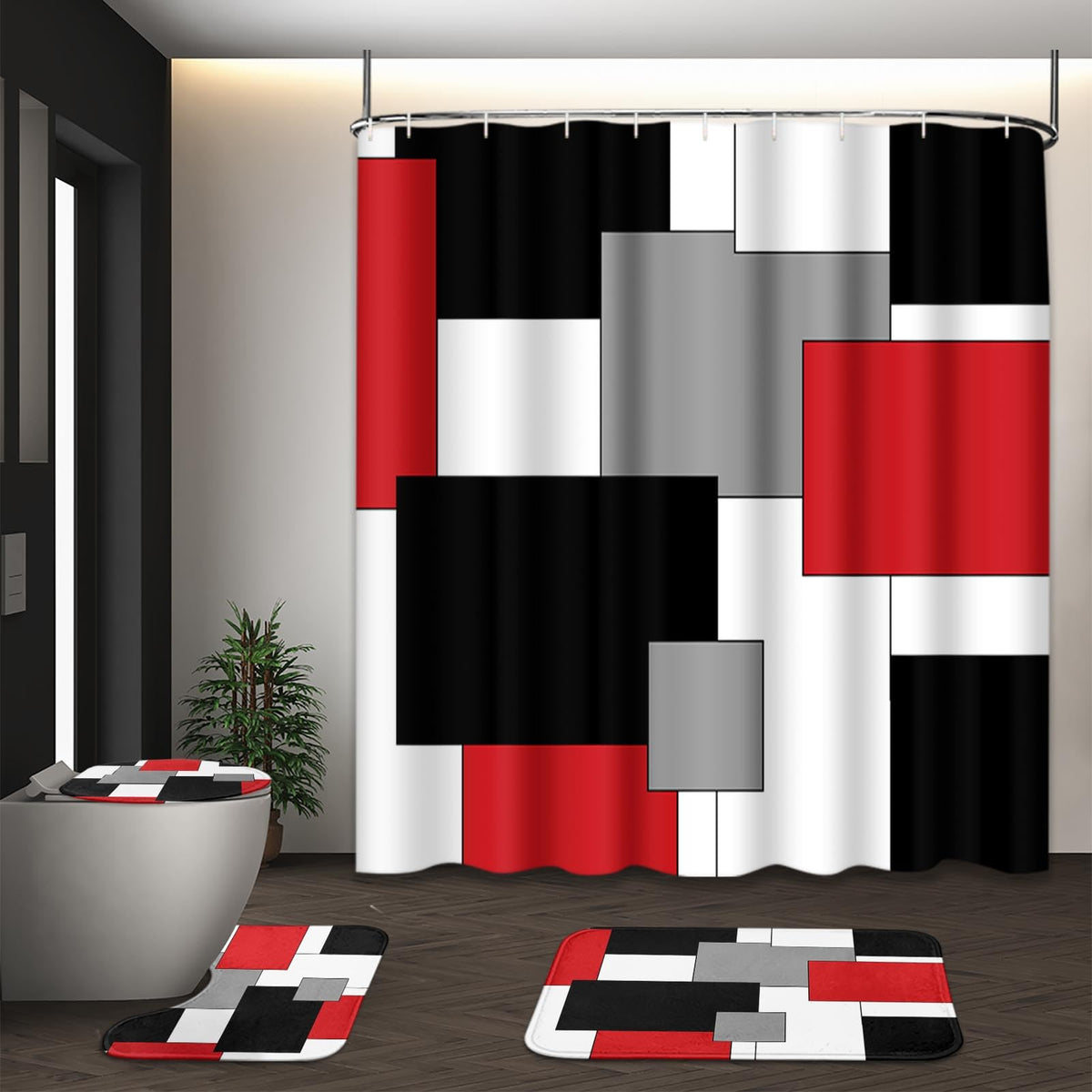 Bathroom Sets with Shower Curtain and Rugs, Set of 4, Checkered