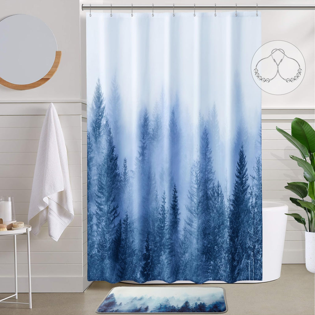 ORTIGIA Dark Green Misty Forest Shower Curtain for Bathroom, Nature Woodland Shower Curtain Set with Hooks, Decorative Pine Tree Fog Magic Bath Curtain for Home, Waterproof Fabric, Weighted, 72x72