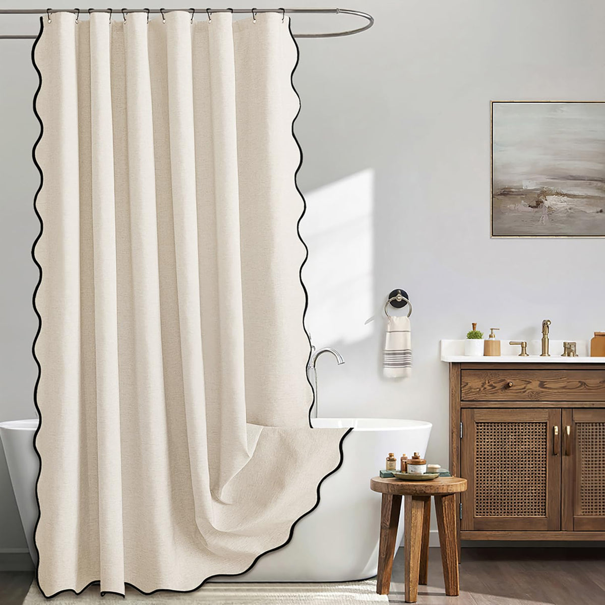 MIULEE Beige Scalloped Shower Curtain Linen Textured with 12 Metal Hooks Cute Heavy Duty Washable Waterproof Neutral Thick Cloth Shower Curtains with Black Border for Bathroom Bathtub,W72*L72 Cream