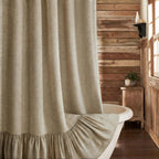 Farmhouse Shower Curtain Ruffle Linen Cream-Brown Stripe 72"W x 84"L