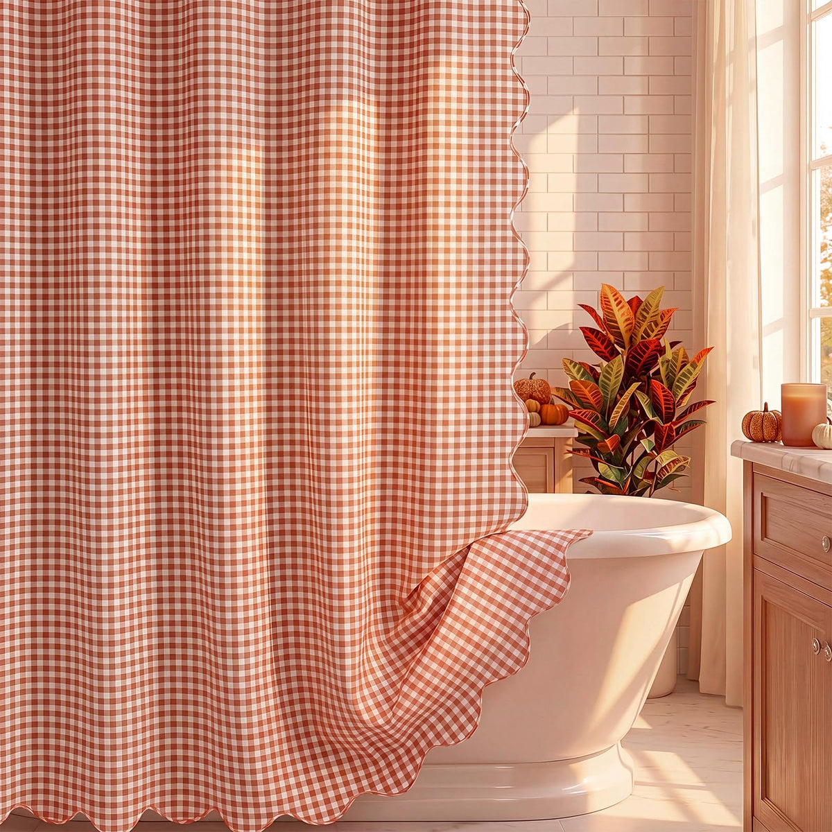 HunnmingRe Ruffle Hem Gingham Shower Curtain Taupe