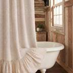Farmhouse Shower Curtain Ruffle Linen Cream-Brown Stripe 72"W x 84"L