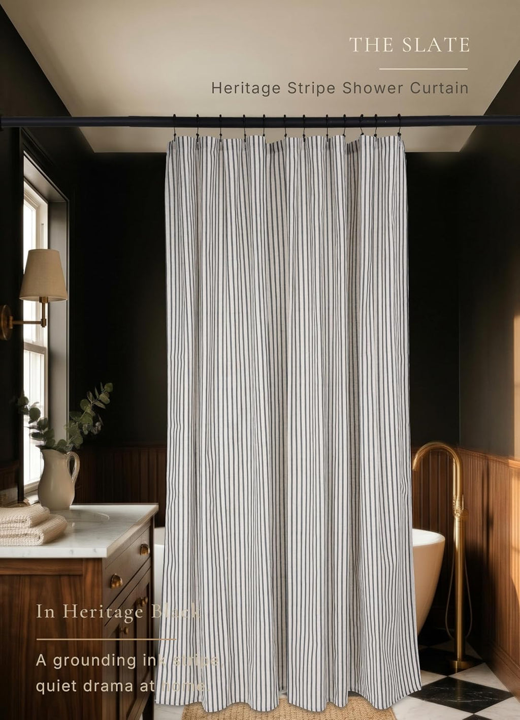 Farmhouse Striped Shower Curtain - 72x84 Inches, Linen Blend Fabric, Breathable & Machine Washable, Rustic Black for Bathroom Decor (Hooks/Liner Not Included)