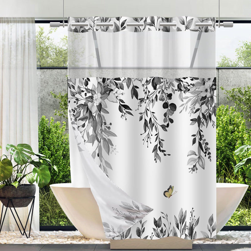 No Hook Shower Curtain and Liner Set, Sage Green Eucalyptus 71x74