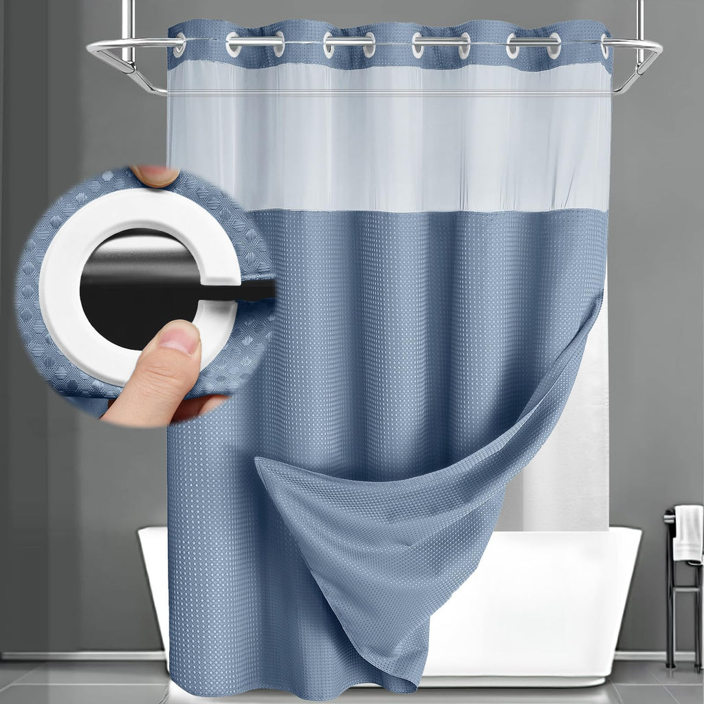 No Hook Shower Curtain with Liner Set Hotel Waffle Curtain White 72W X 75L