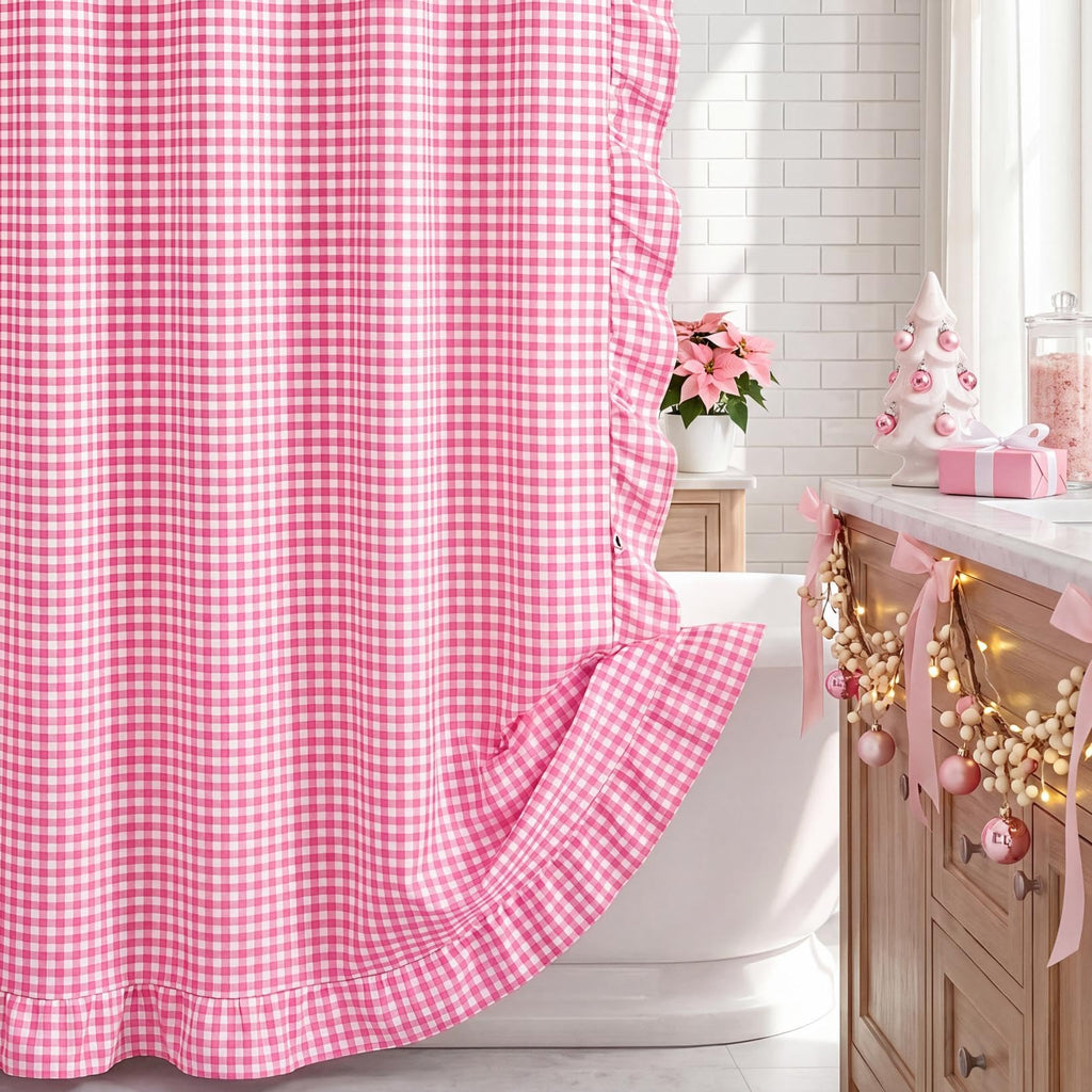 HunnmingRe Ruffle Hem Gingham Shower Curtain Taupe