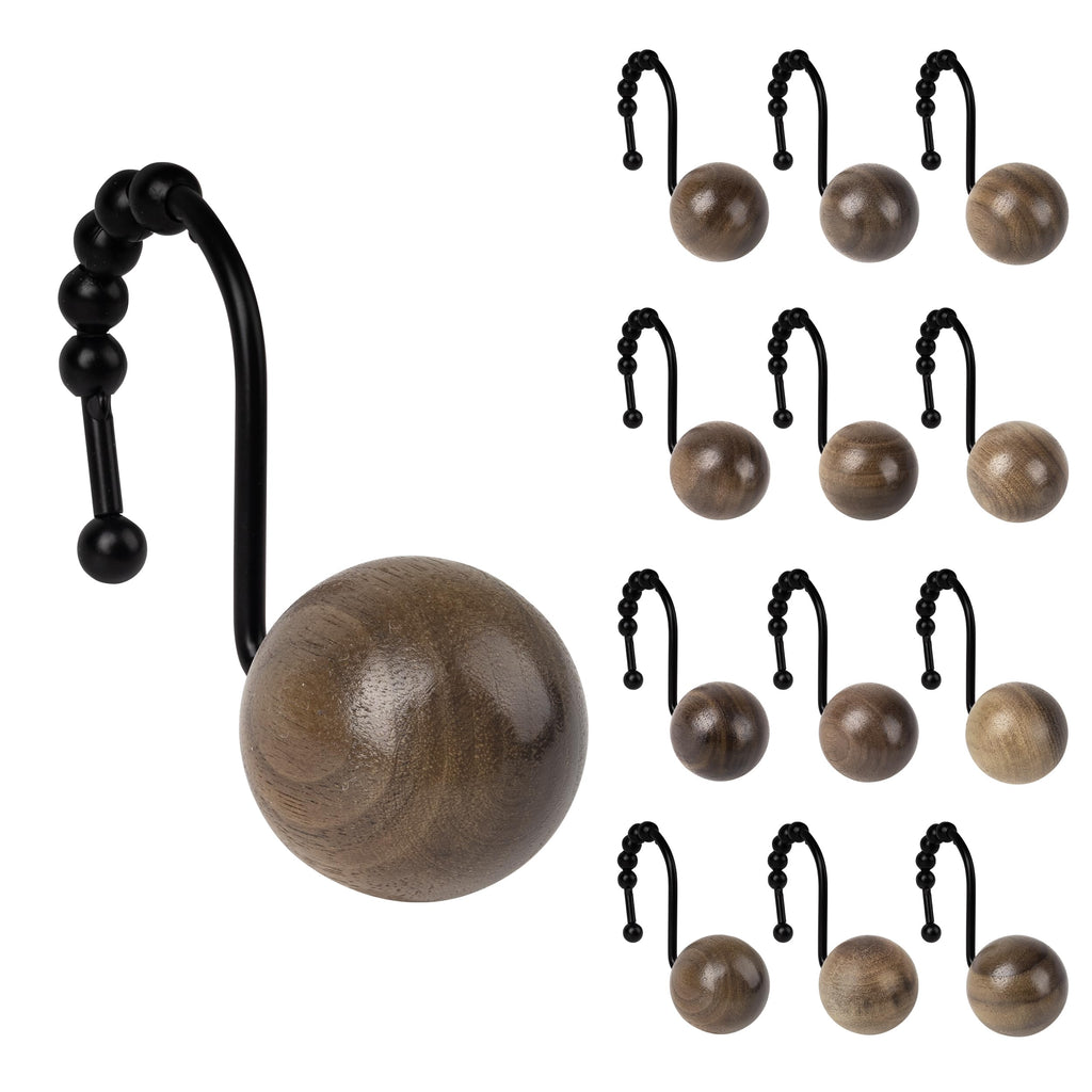 Sunlit Boho Wood Beads Decorative Shower Curtain Hooks, Shower Curtain Rings with Roller Balls, Farmhouse Bathroom Decoration Curtain Hangers Accessories, Set of 12, Natural