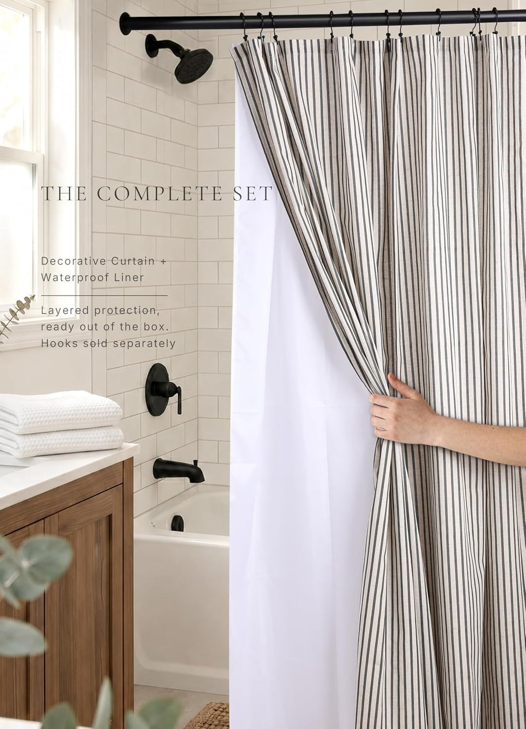 Farmhouse Striped Shower Curtain - 72x84 Inches, Linen Blend Fabric, Breathable & Machine Washable, Rustic Black for Bathroom Decor (Hooks/Liner Not Included)