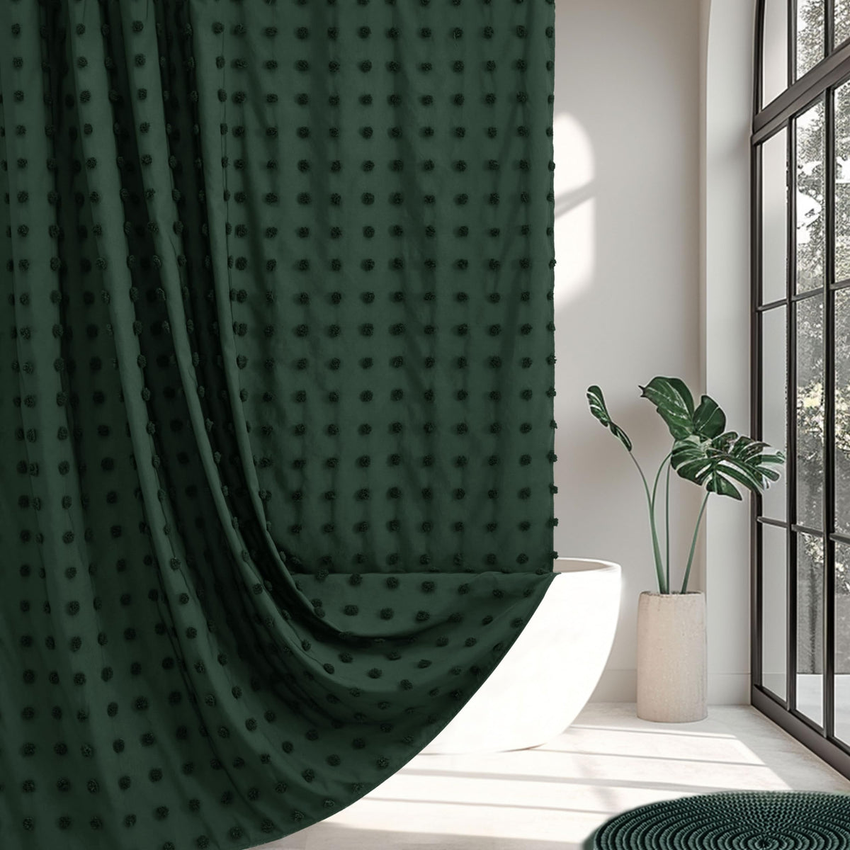 Extra Long Green Boho Shower Curtain Woven Fabric Cute 84 Inch Shower Curtain, 72 x 84 Tufted Pleat Floral Puffs Textured Modern Farmhouse Minimalist Shower Curtain Set with Hooks for Bathroom