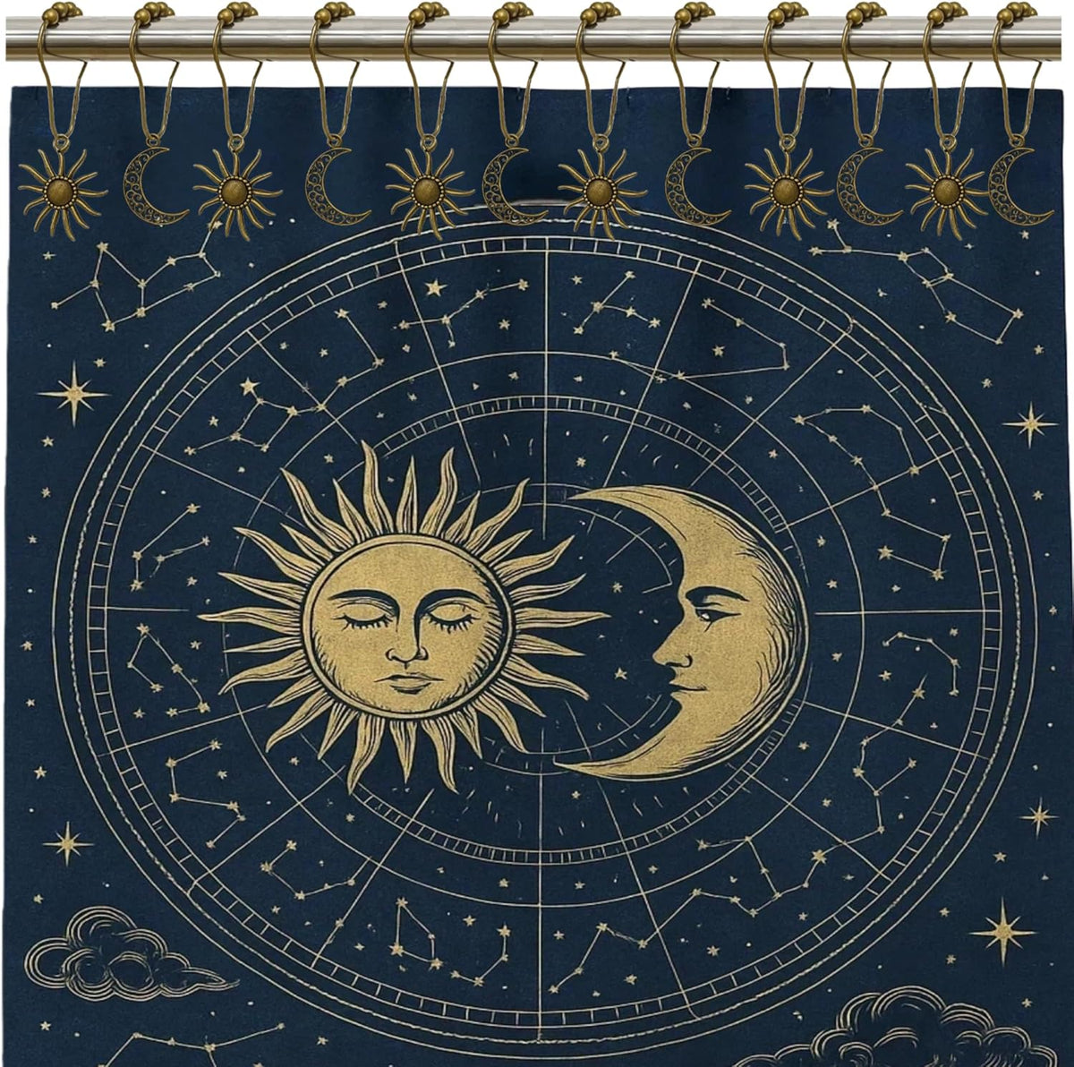 Celestial Shower Curtain Hooks 12 Pack of Sun and Moon Decor Theme Comes with a Bronze Shower Curtain Hooks for Celestial Boho Goth Witchy Shower Curtain (12)