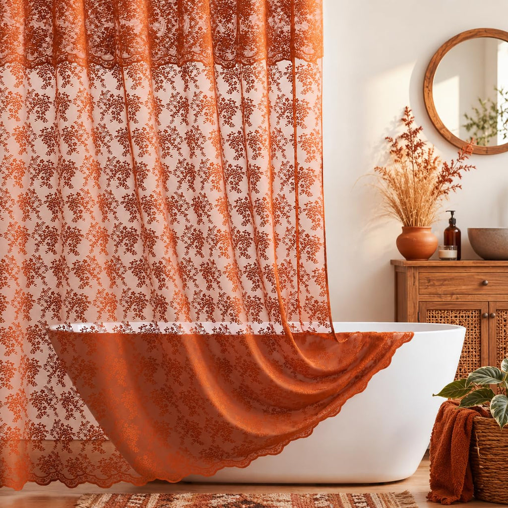 TUDECO Lace Brown Shower Curtain with Attached Valance, 72 x 72 Inch