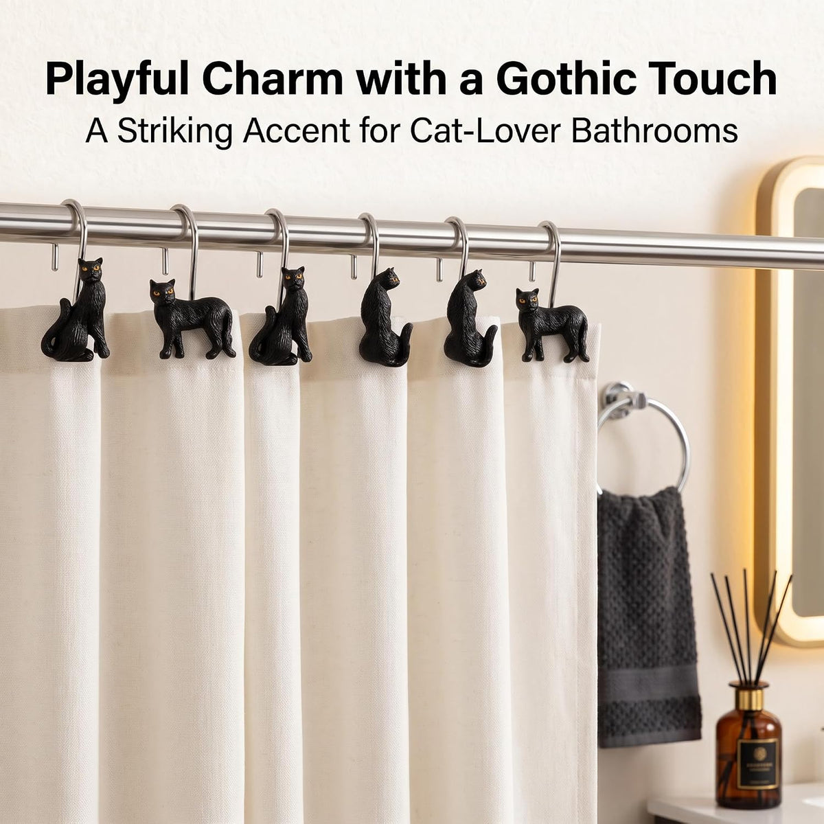 Black Cat Shower Curtain Hooks Set of 12, Decorative Resin Shower Rings