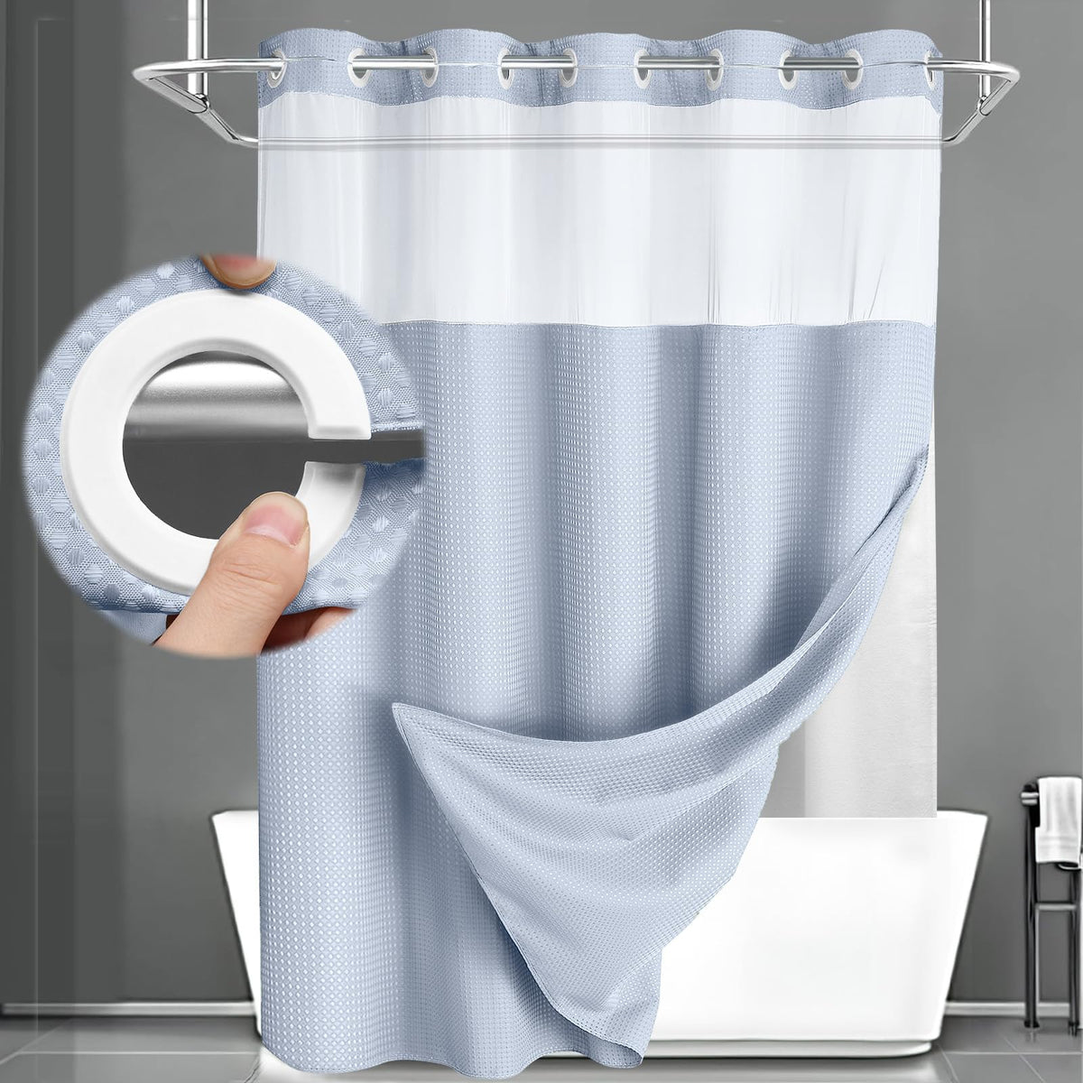 No Hook Shower Curtain with Liner Set Hotel Waffle Curtain White 72W X 75L