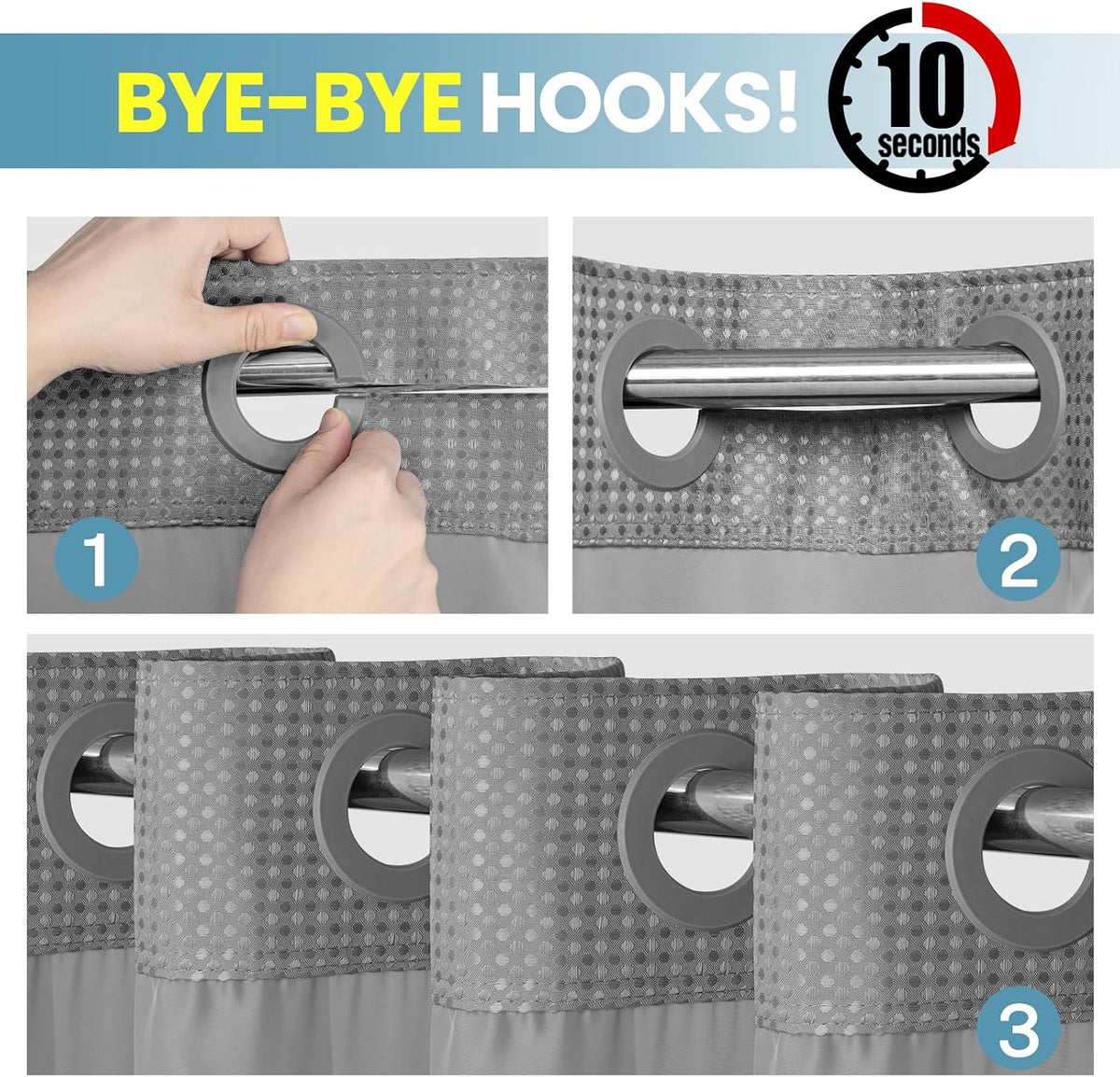 SORTTO Ringless Waffle Shower Curtain with Snap in Liner Set, 71x74, Grey