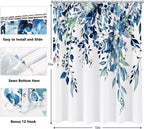 Shower Curtain Blue Eucalyptus Shower Curtains for Bathroom, Watercolor Leaf Shower Curtain Sets Waterproof Plant Shower Curtain Leaves Fabric Cloth Bathroom Curtains 72x72 inch with Hooks
