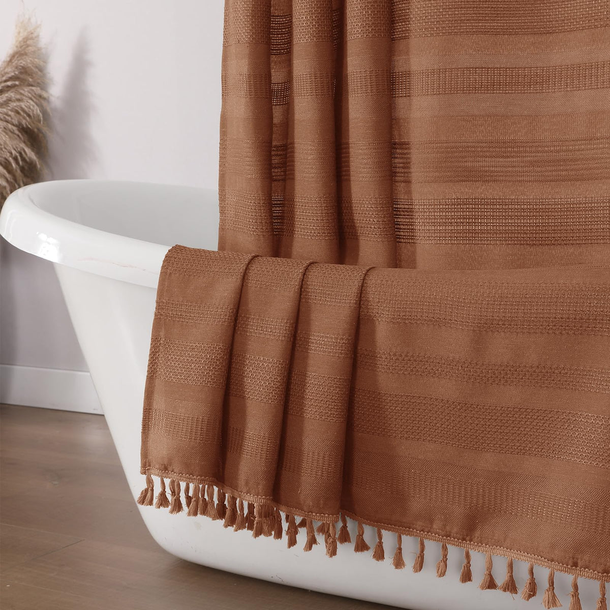 OVZME Natural Linen Shower Curtain for Bathroom, Boho Farmhouse Rustic Striped Shower Curtain with Tassel, Textured Heavy Duty Vintage Country Bathroom Curtain, 72Wx72L Inches