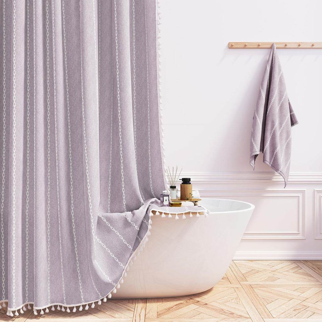BTTN Cream Boho Farmhouse Linen Heavy Duty Shower Curtain Set, 72x72, Beige