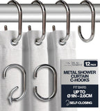 12 Metal Shower Curtain Hooks, Rust-Proof Decorative C-Shaped Curtain Hooks for Bathroom, Chrome Shower Curtain Rings, Fits Rods Up to 1 Inch (C, Silver)
