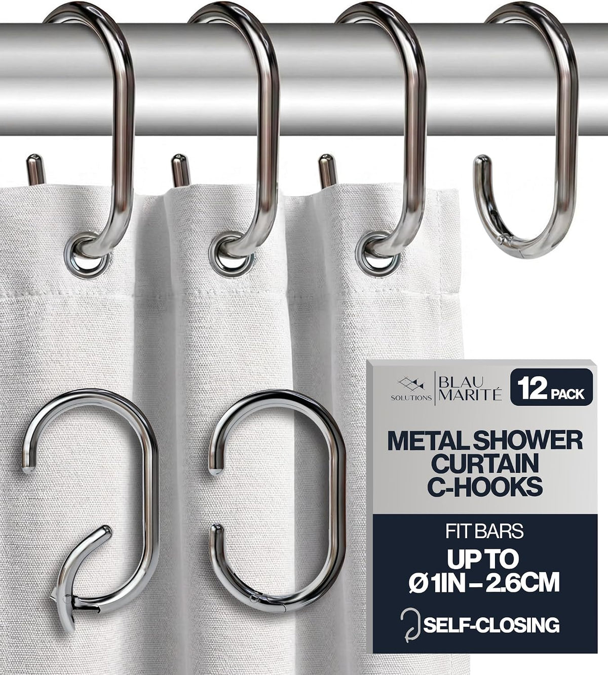 12 Metal Shower Curtain Hooks, Rust-Proof Decorative C-Shaped Curtain Hooks for Bathroom, Chrome Shower Curtain Rings, Fits Rods Up to 1 Inch (C, Silver)