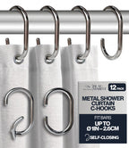 12 Metal Shower Curtain Hooks, Rust-Proof Decorative C-Shaped Curtain Hooks for Bathroom, Chrome Shower Curtain Rings, Fits Rods Up to 1 Inch (C, Silver)