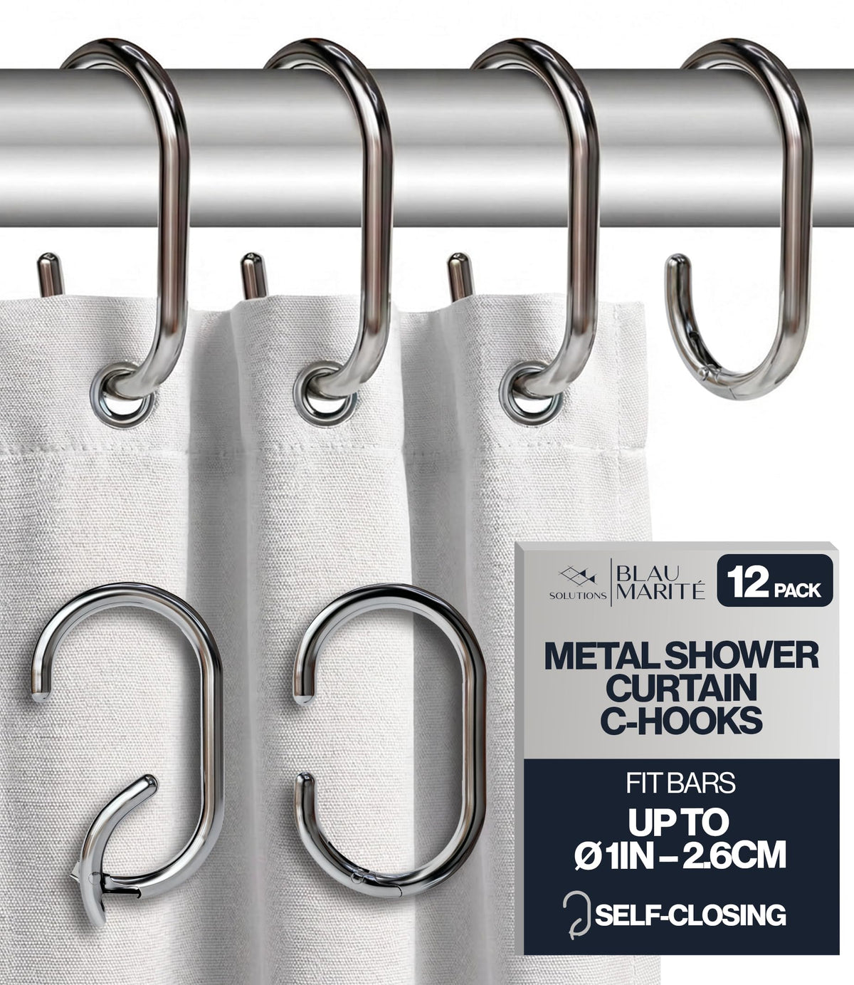 12 Metal Shower Curtain Hooks, Rust-Proof Decorative C-Shaped Curtain Hooks for Bathroom, Chrome Shower Curtain Rings, Fits Rods Up to 1 Inch (C, Silver)