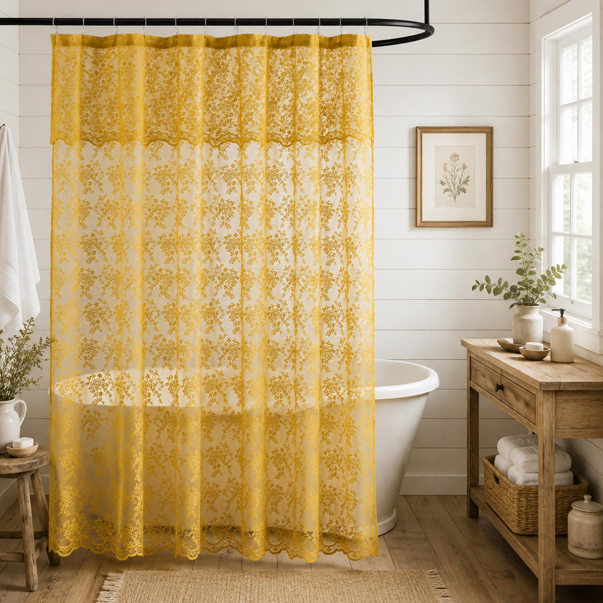 TUDECO Lace Brown Shower Curtain with Attached Valance, 72 x 72 Inch