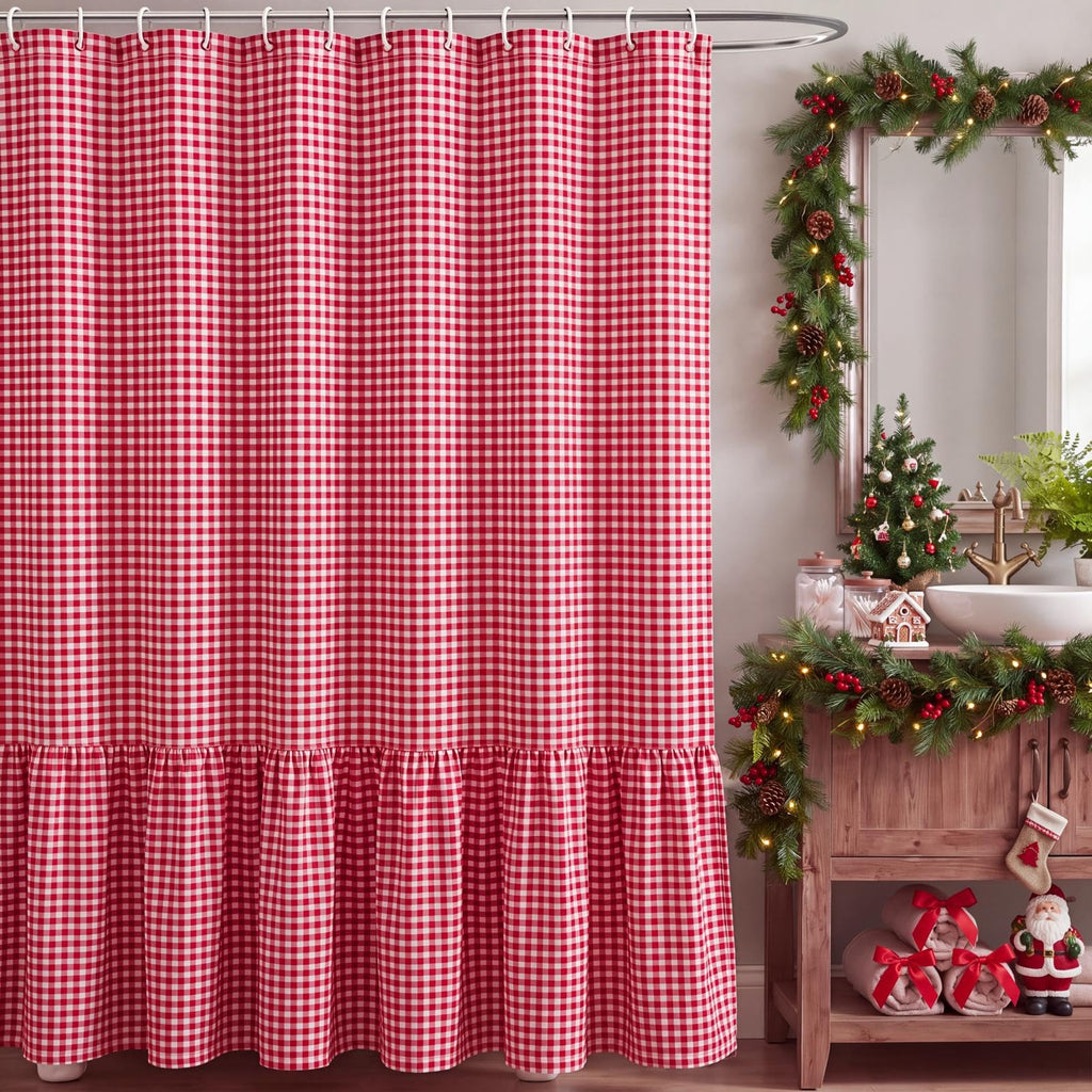 HunnmingRe Ruffle Hem Gingham Shower Curtain Taupe