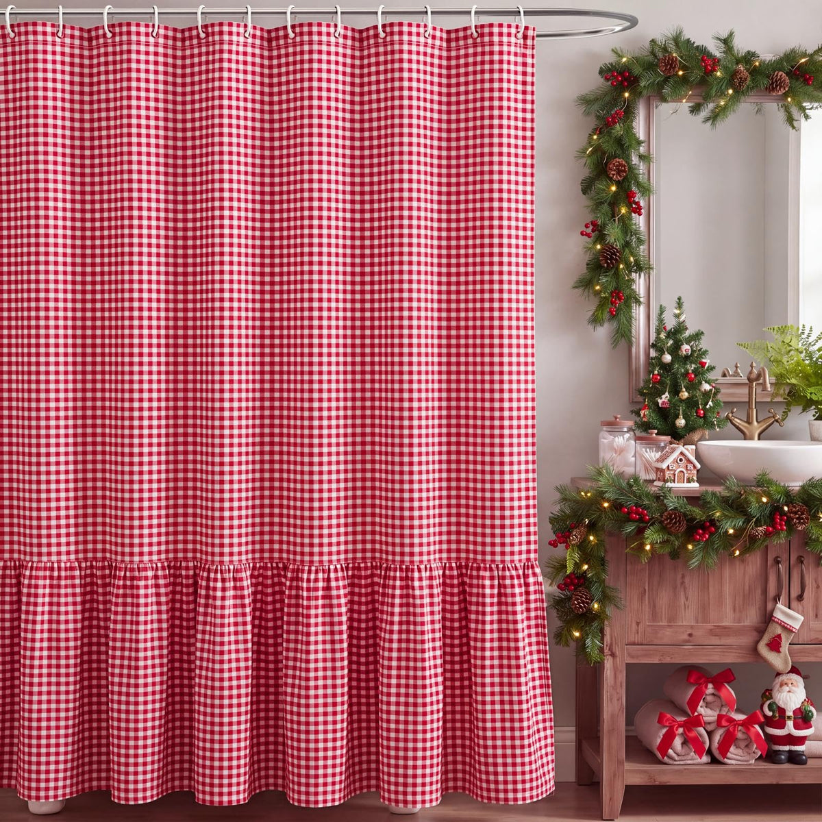 HunnmingRe Ruffle Hem Gingham Shower Curtain Taupe